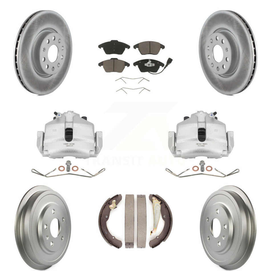Front Rear Disc Brake Caliper Coated Rotors Drums Ceramic Pads Kit (8Pc) For Volkswagen Jetta With 312mm Diameter Rotor KCG-100411C