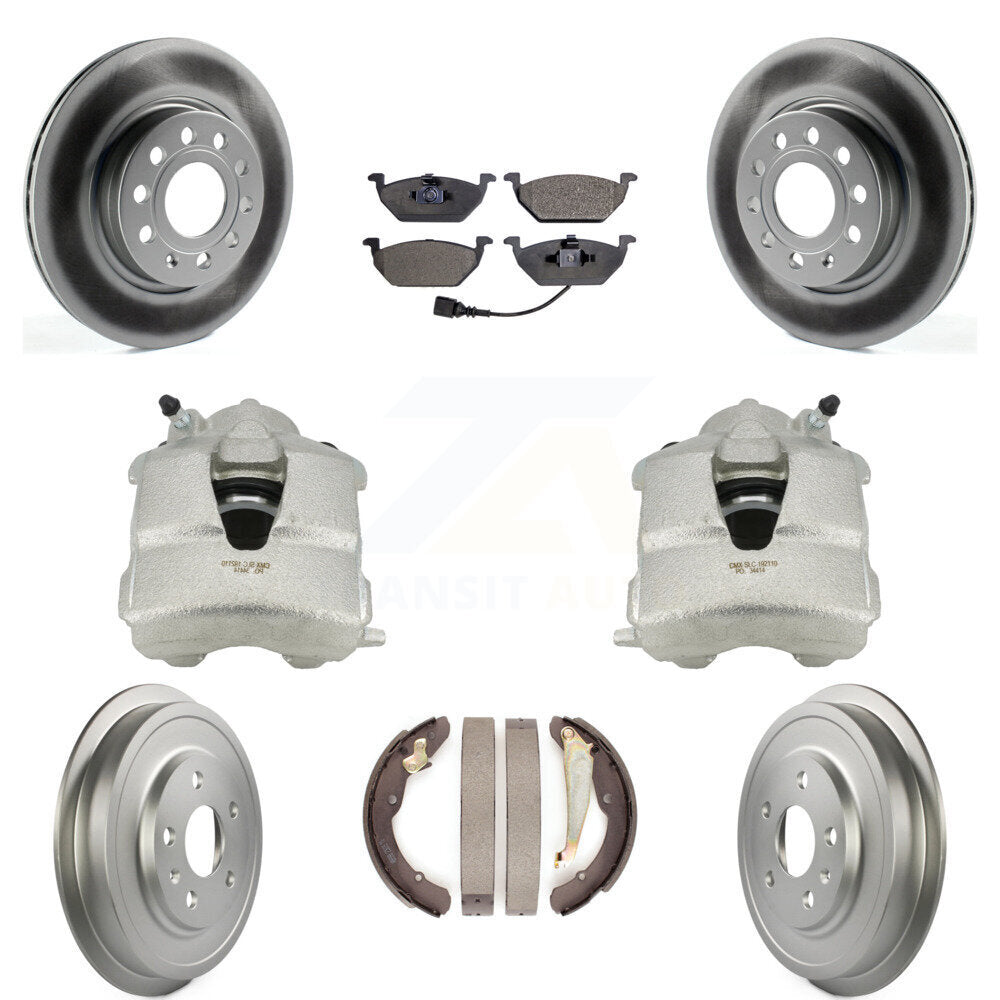 Front Rear Disc Brake Caliper Coated Rotors Drums Semi-Metallic Pads Kit (8Pc) For Volkswagen Jetta With 280mm Diameter Rotor KCG-100411P by Transit Auto