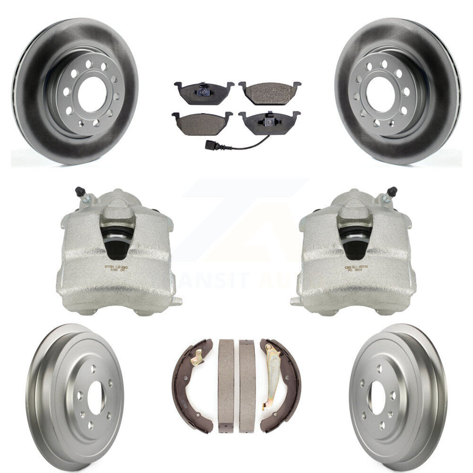 Front Rear Disc Brake Caliper Coated Rotors Drums Semi-Metallic Pads Kit (8Pc) For Volkswagen Jetta With 280mm Diameter Rotor KCG-100411P