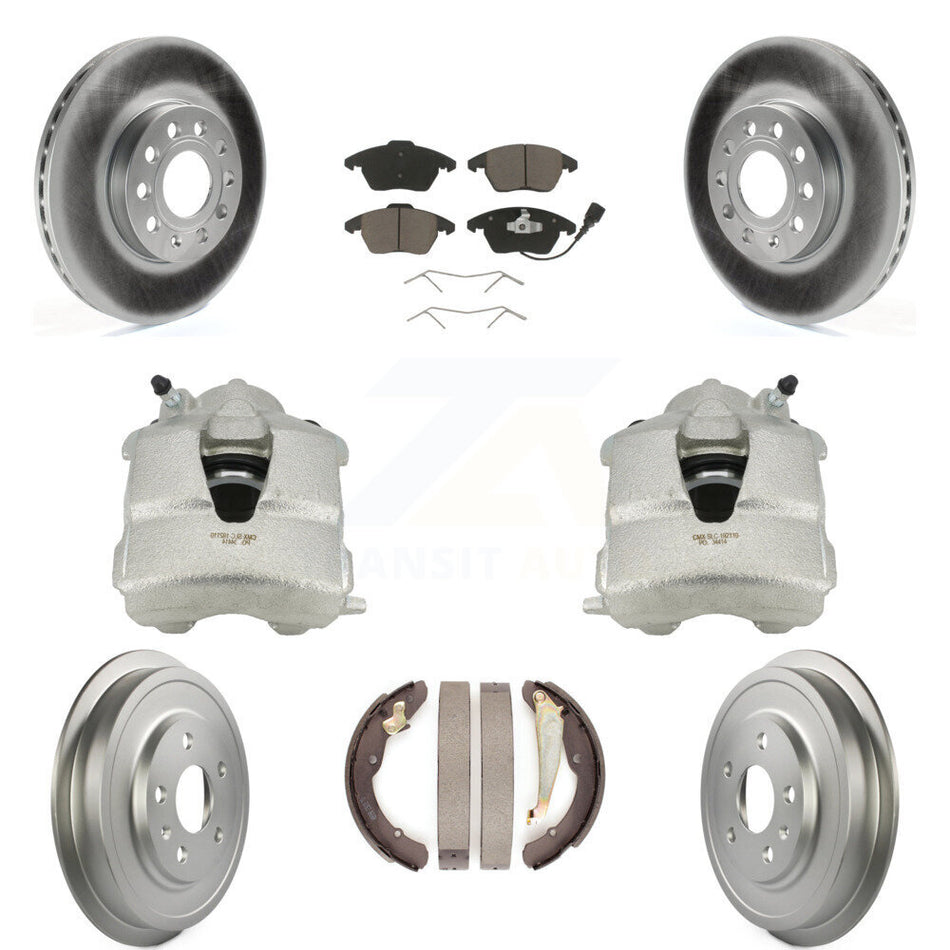 Front Rear Disc Brake Caliper Coated Rotors Drums Ceramic Pads Kit (8Pc) For Volkswagen Jetta With 288mm Diameter Rotor KCG-100413C