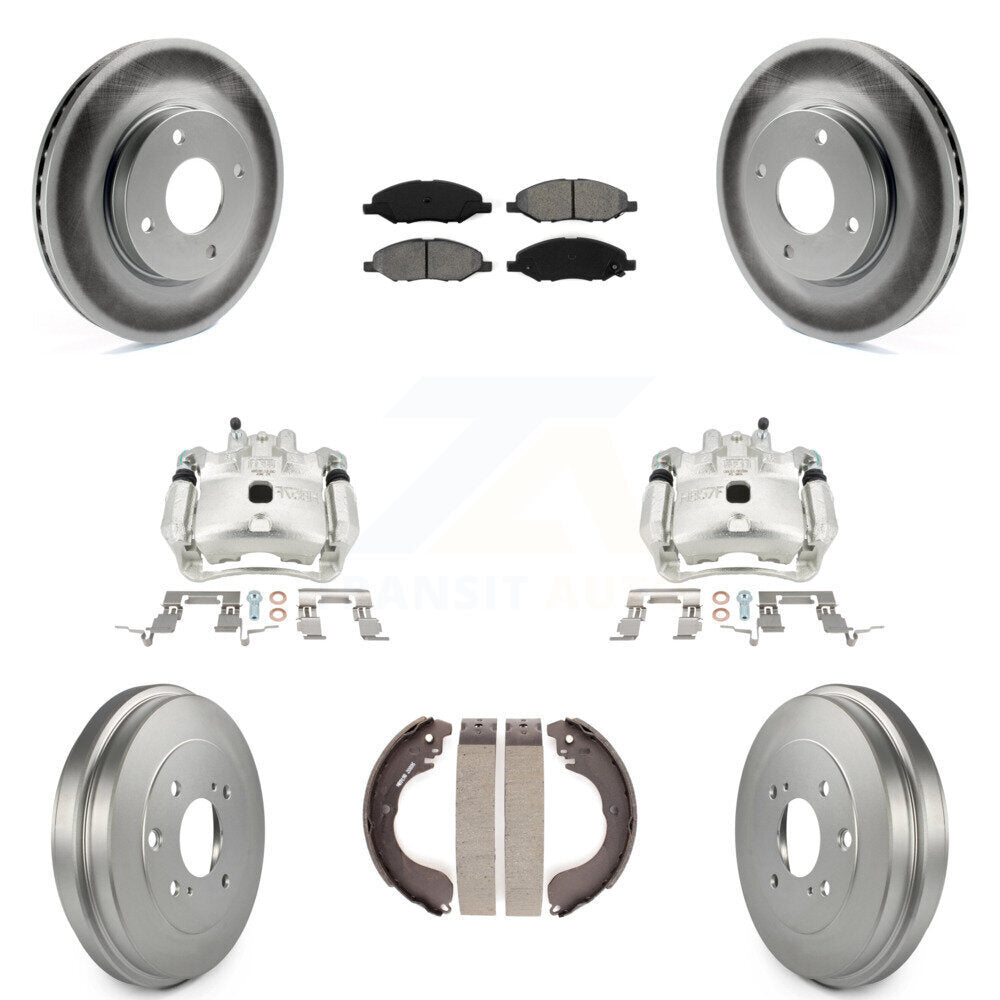 Front Rear Brake Caliper Coated Rotors Drum Semi-Metallic Pad Kit (8Pc) For Nissan Versa KCG-100415S