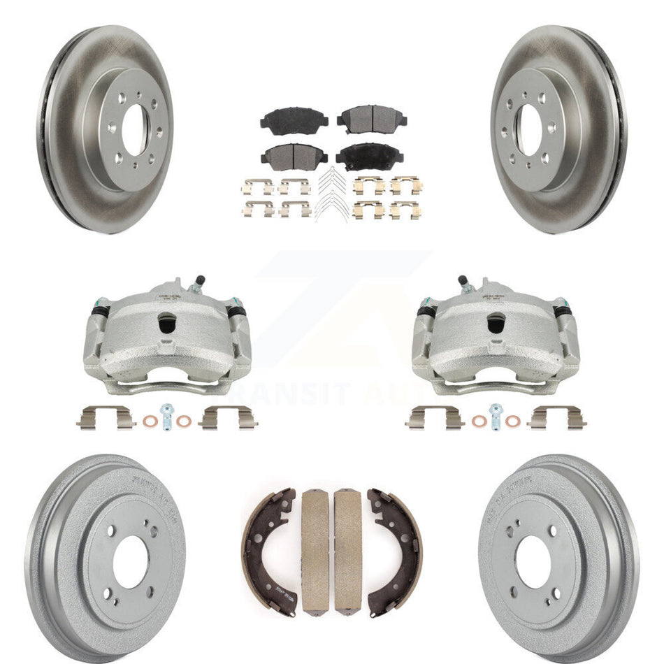 Front Rear Disc Brake Caliper Coated Rotors Drums Semi-Metallic Pads Kit (8Pc) For Honda Civic With 4 Lug Wheels KCG-100418P by Transit Auto