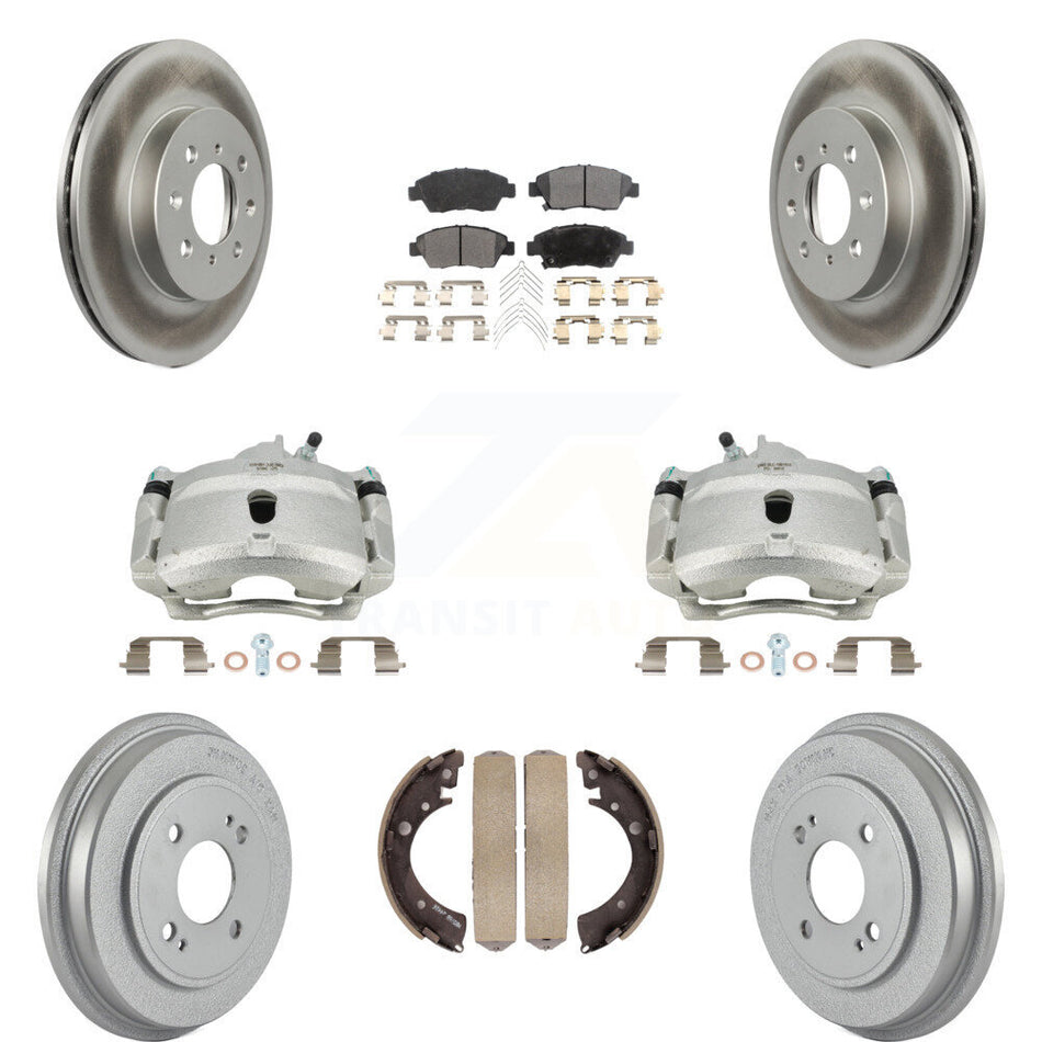 Front Rear Disc Brake Caliper Coated Rotors Drums Semi-Metallic Pads Kit (8Pc) For Honda Civic With 4 Lug Wheels KCG-100418P