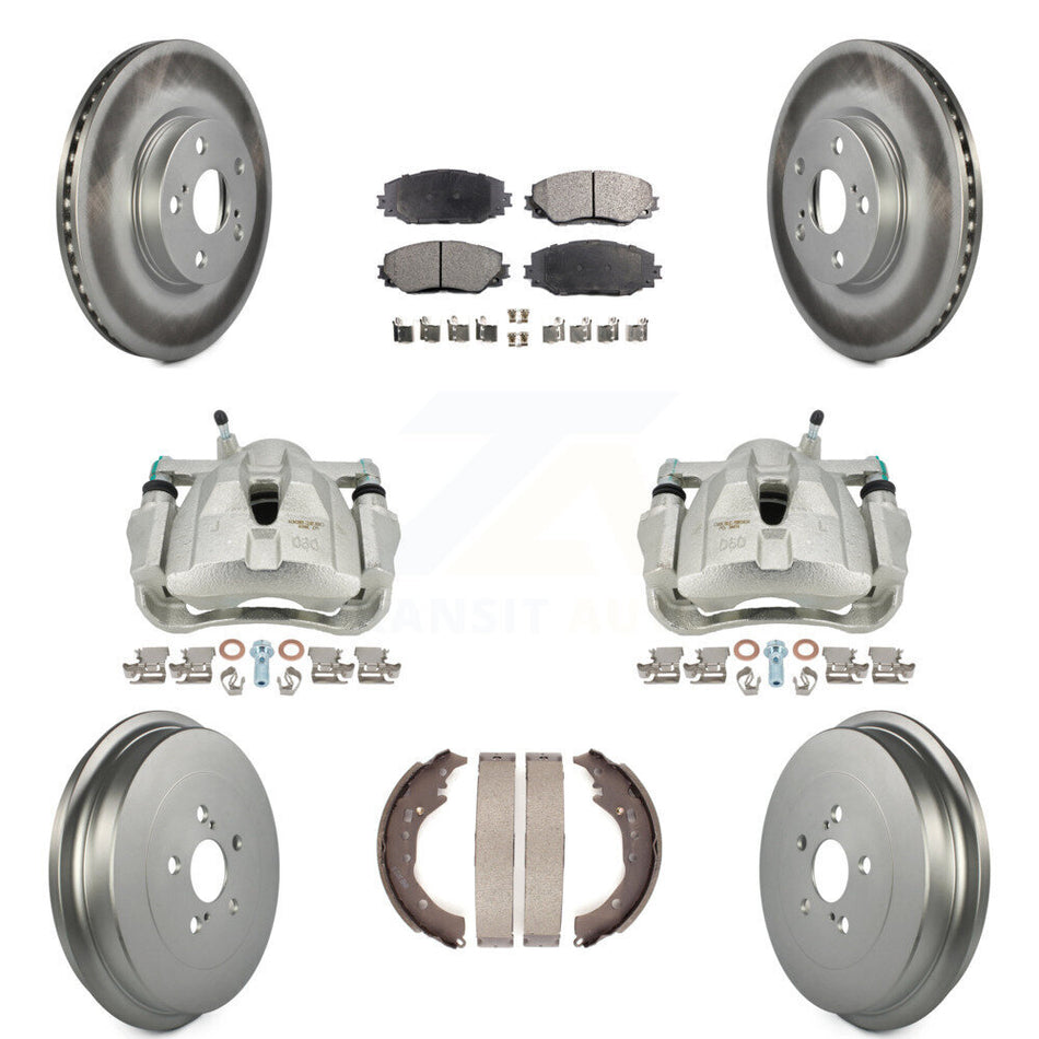 Front Rear Disc Brake Caliper Coated Rotors Drums Semi-Metallic Pads Kit (8Pc) For Toyota Corolla KCG-100420P