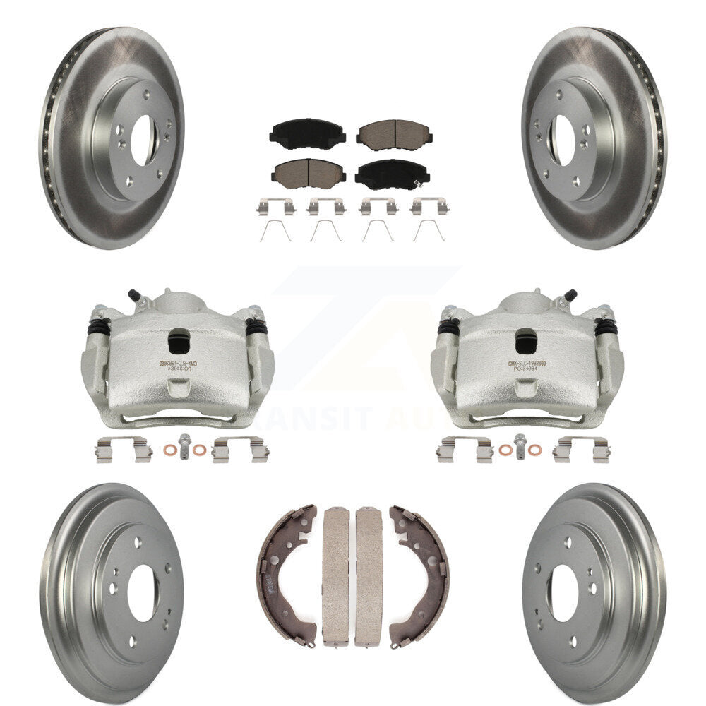 Front Rear Disc Brake Caliper Coated Rotors Drums Ceramic Pads Kit (8Pc) For Honda Civic KCG-100421C