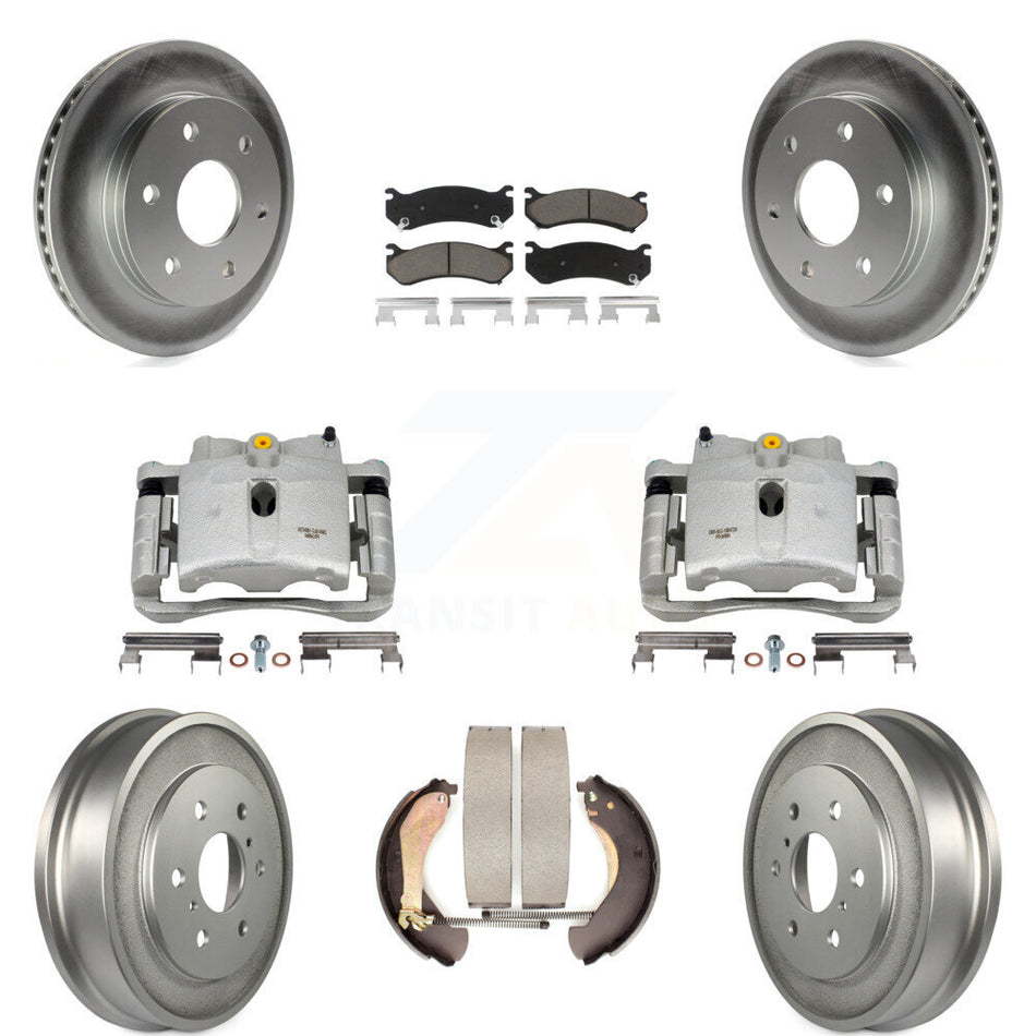 Front Rear Disc Brake Caliper Coated Rotors Drums Ceramic Pads Kit (8Pc) For Chevrolet Silverado 1500 GMC Sierra Classic KCG-100423C