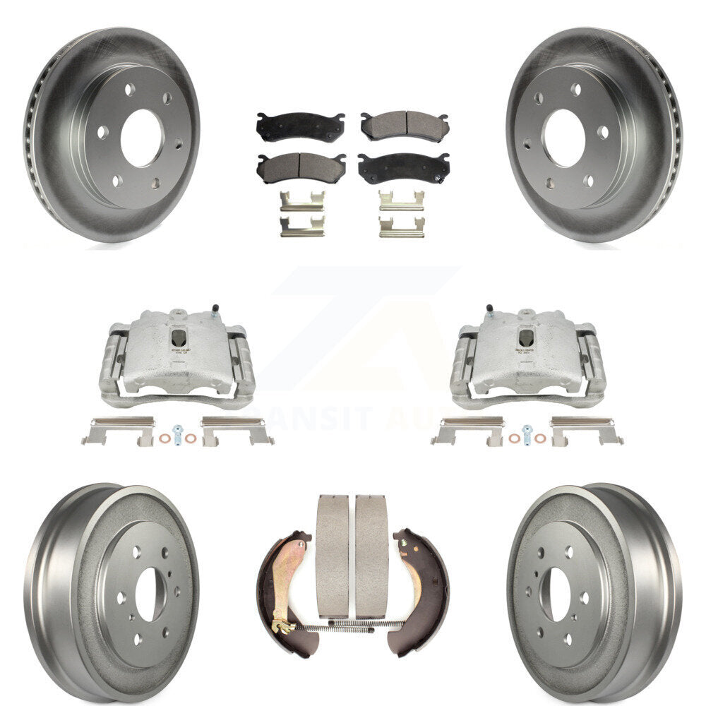 Front Rear Disc Brake Caliper Coated Rotors Drums Semi-Metallic Pads Kit (8Pc) For Chevrolet Silverado 1500 GMC Sierra Classic KCG-100424P by Transit Auto