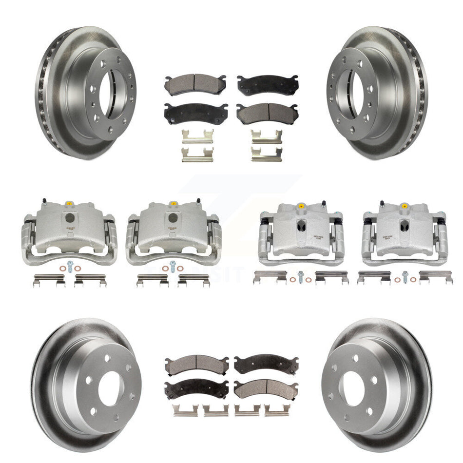 Front Rear Disc Brake Caliper Coated Rotors And Semi-Metallic Pads Kit (10Pc) For 2003 Chevrolet Silverado 2500 HD Suburban GMC Sierra KCG-100861P