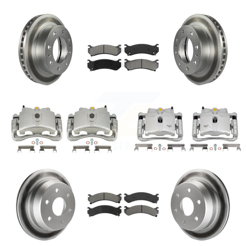 Front Rear Disc Brake Caliper Coated Rotors And Semi-Metallic Pads Kit (10Pc) For 2003 Chevrolet Silverado 2500 HD Suburban GMC Sierra KCG-101053S