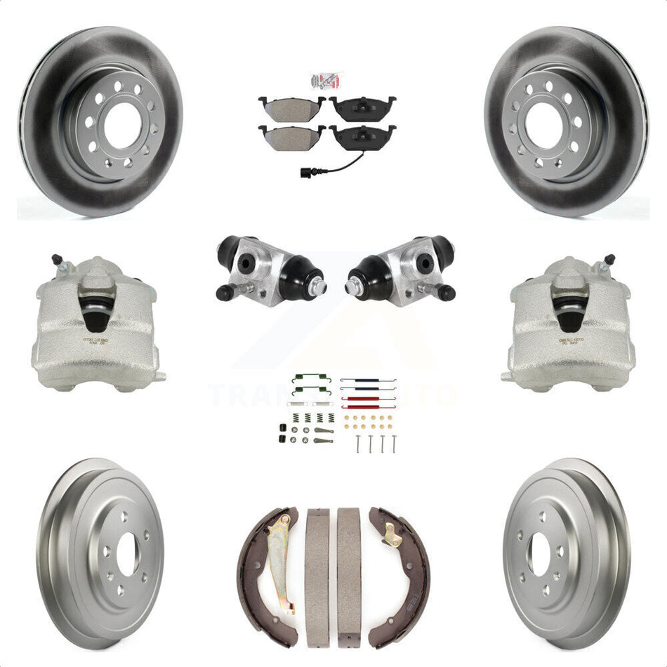 Front Rear Disc Brake Caliper Coated Rotors Drums Semi-Metallic Pads Shoes Wheel Cylinders And Hardware Kit (11Pc) For Volkswagen Jetta With 280mm Diameter Rotor KCG-101260N by Transit Auto