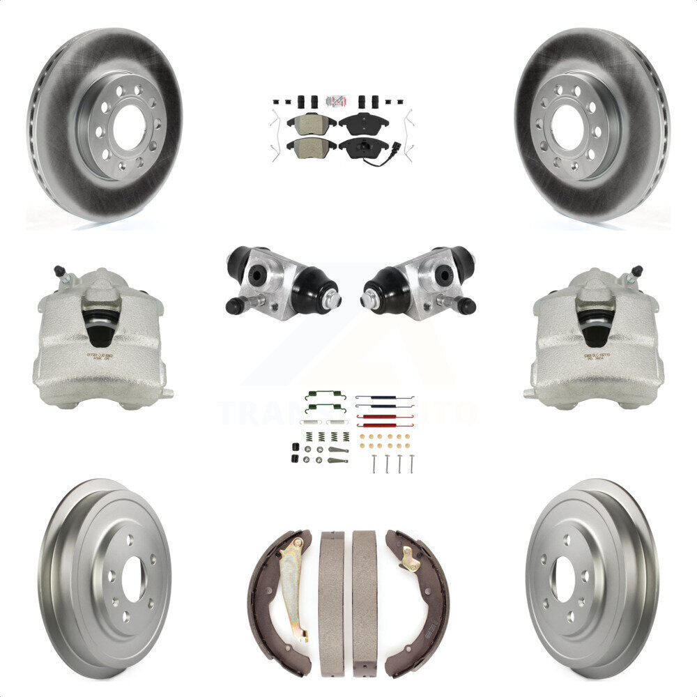 Front Rear Disc Brake Caliper Coated Rotors Drums Semi-Metallic Pads Shoes Wheel Cylinders And Hardware Kit (11Pc) For Volkswagen Jetta With 288mm Diameter Rotor KCG-101264N by Transit Auto