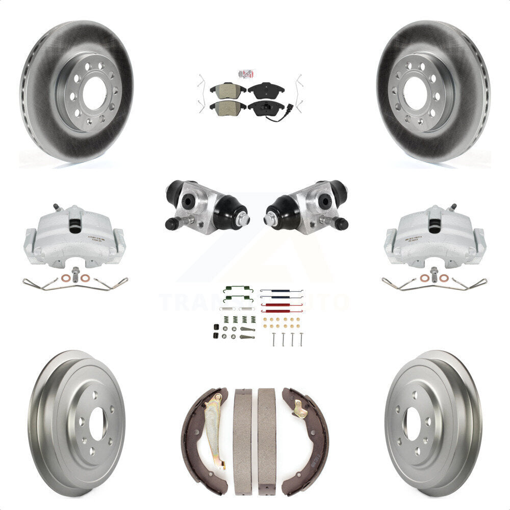 Front Rear Brake Caliper Coated Rotor Drum Semi-Metallic Pad Shoes Cylinder Hardware Kit (11Pc) For Volkswagen Jetta 2.5L with rear brakes With 288mm Diameter KCG-101267N by Transit Auto