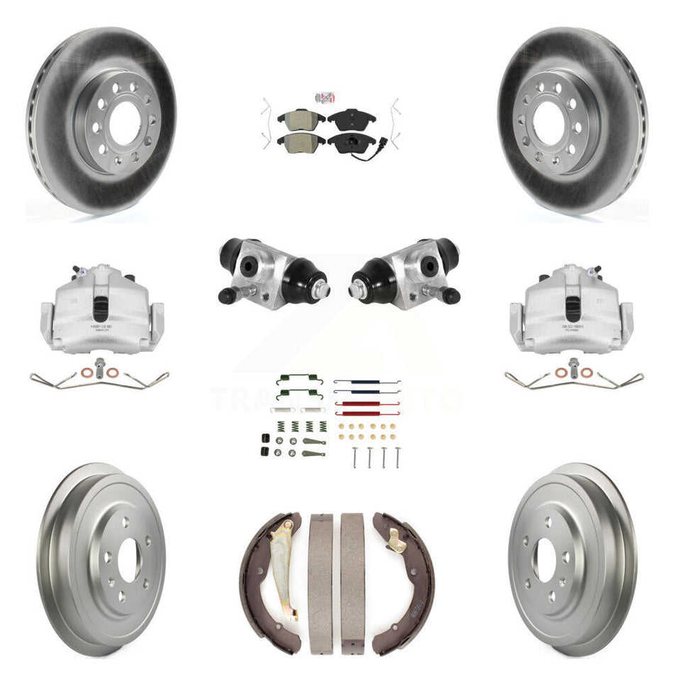 Front Rear Brake Caliper Coated Rotor Drum Semi-Metallic Pad Shoes Cylinder Hardware Kit (11Pc) For Volkswagen Jetta 2.5L with rear brakes With 288mm Diameter KCG-101267N