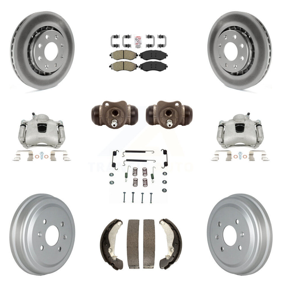 Front Rear Disc Brake Caliper Coated Rotor Drum Semi-Metallic Pad Shoes Wheel Cylinder & Hardware Kit (11Pc) For Chevrolet Aveo Spark Aveo5 Pontiac G3 Suzuki Wave Wave5 Swift+ KCG-101285N
