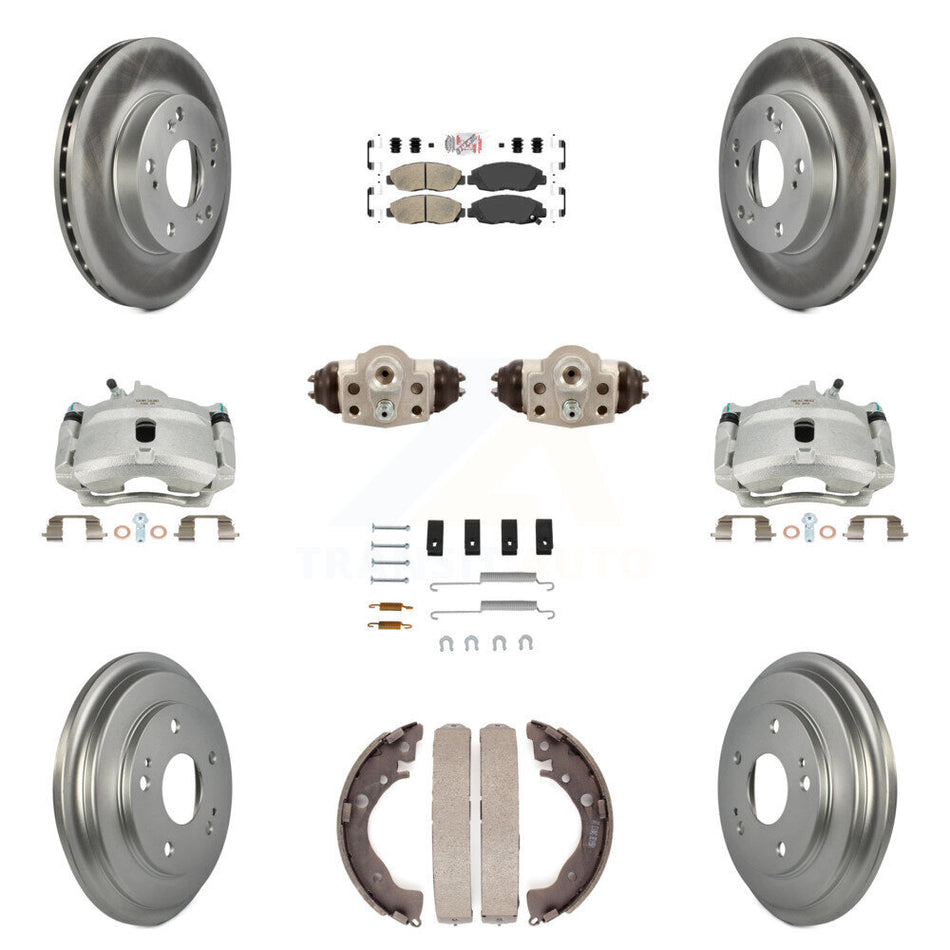 Front Rear Disc Brake Caliper Coated Rotors Drums Ceramic Pads Shoes Wheel Cylinders And Hardware Kit (11Pc) For Honda Civic KCG-101287N