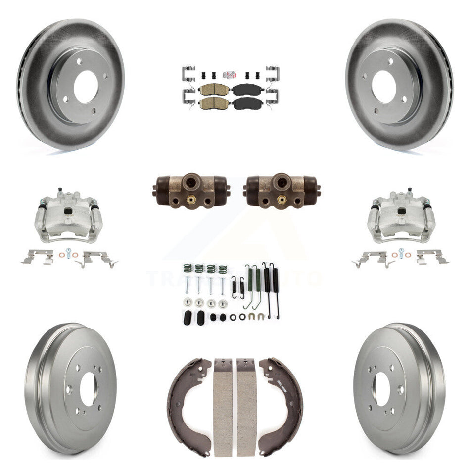 Front Rear Disc Brake Caliper Coated Rotors Drums Ceramic Pads Shoes Wheel Cylinders And Hardware Kit (11Pc) For Nissan Sentra KCG-101289N