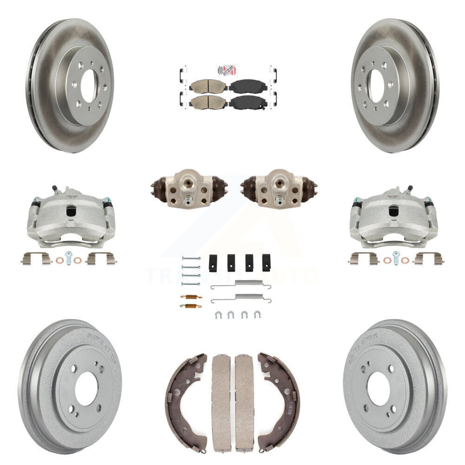 Front Rear Disc Brake Caliper Coated Rotors Drums Ceramic Pads Shoes Wheel Cylinders And Hardware Kit (11Pc) For Honda Insight KCG-101292N