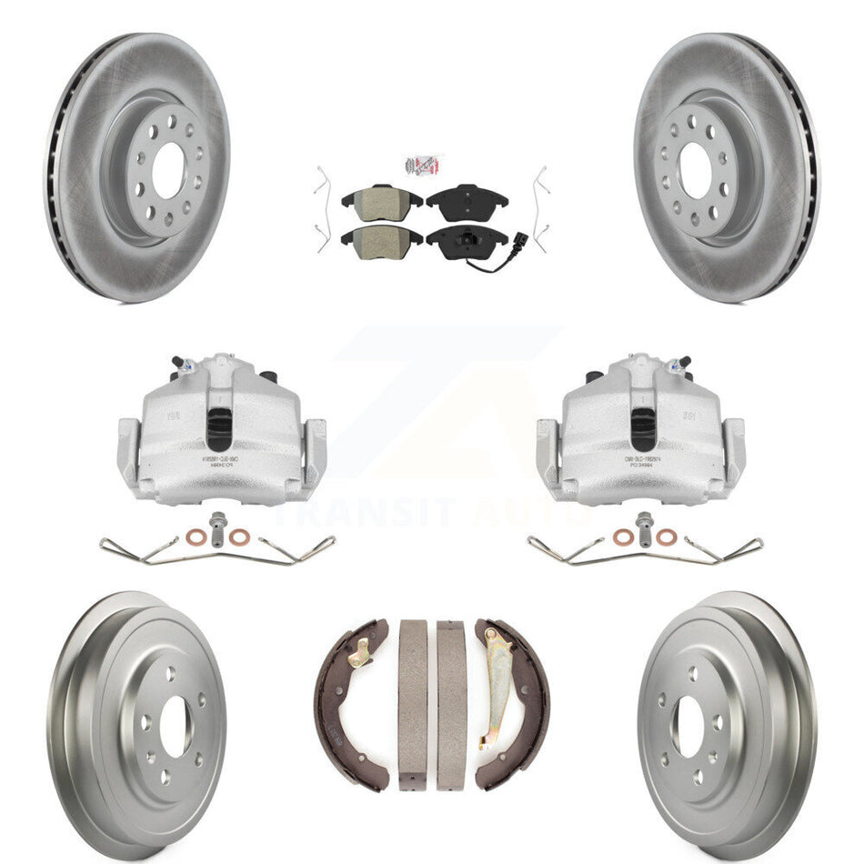 Front Rear Disc Brake Caliper Coated Rotors Drums Semi-Metallic Pads Kit (8Pc) For Volkswagen Jetta With 312mm Diameter Rotor KCG-101351N