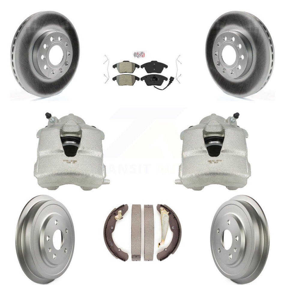 Front Rear Disc Brake Caliper Coated Rotors Drums Semi-Metallic Pads Kit (8Pc) For Volkswagen Jetta With 288mm Diameter Rotor KCG-101354N