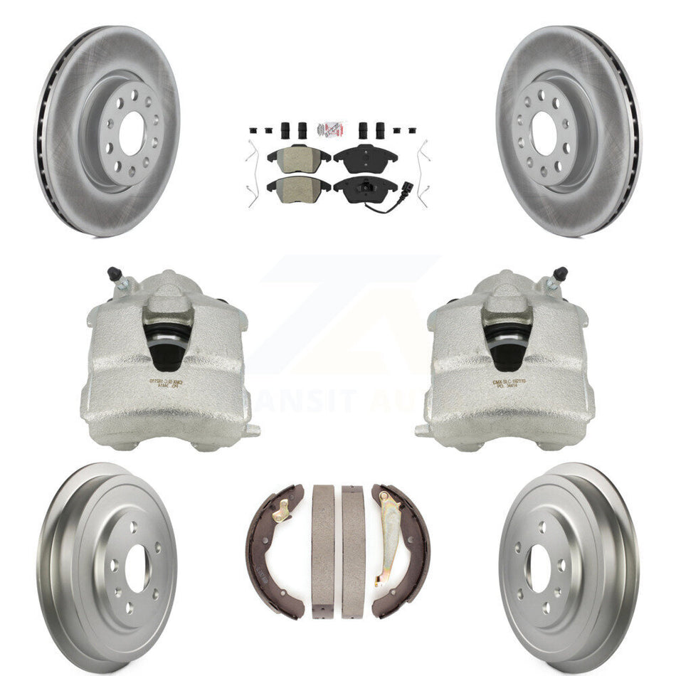 Front Rear Disc Brake Caliper Coated Rotors Drums Semi-Metallic Pads Kit (8Pc) For Volkswagen Jetta With 312mm Diameter Rotor KCG-101356N