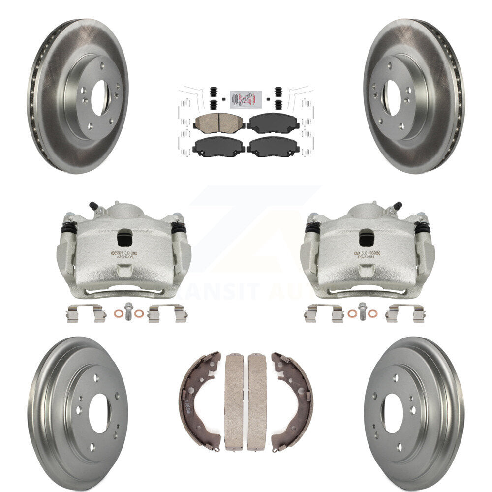 Front Rear Disc Brake Caliper Coated Rotors Drums Ceramic Pads Kit (8Pc) For Honda Civic KCG-101365N