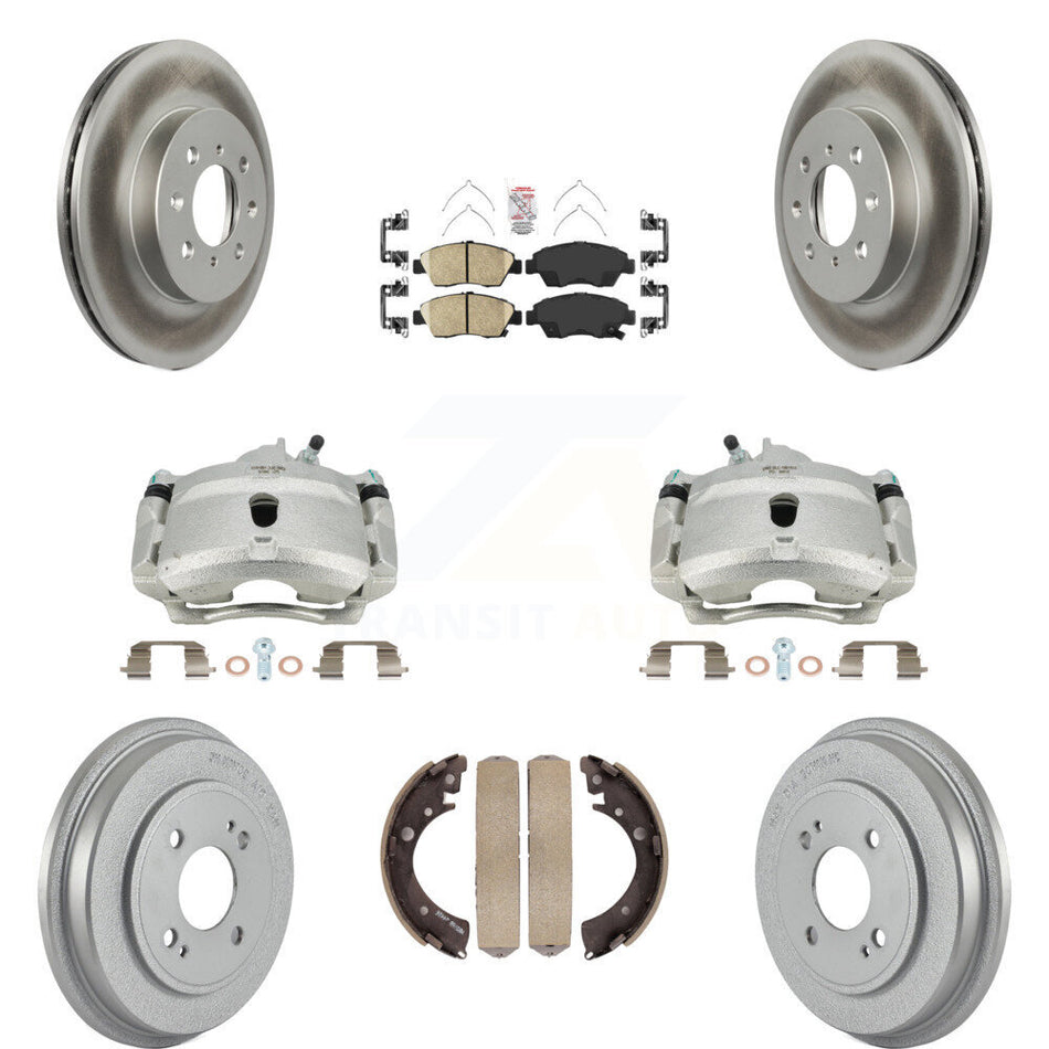 Front Rear Disc Brake Caliper Coated Rotors Drums Ceramic Pads Kit (8Pc) For Honda Civic With 4 Lug Wheels KCG-101368N