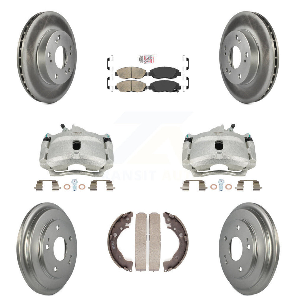 Front Rear Disc Brake Caliper Coated Rotors Drums Ceramic Pads Kit (8Pc) For Honda Civic KCG-101369N