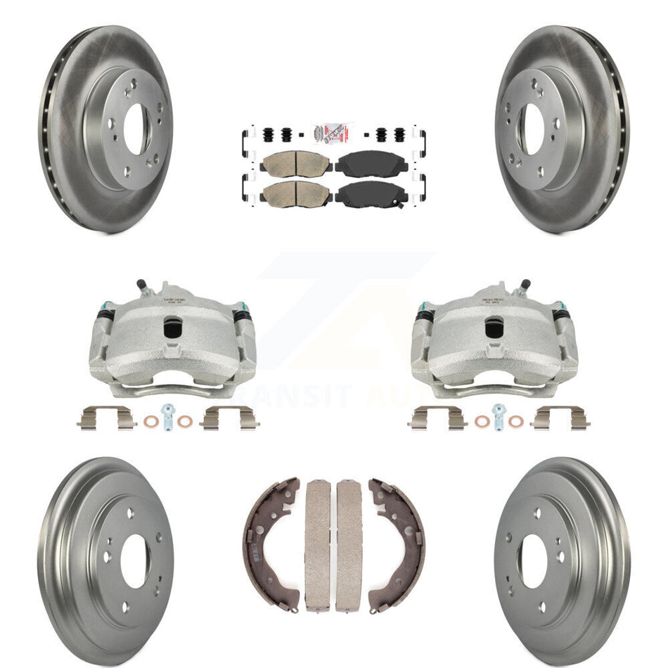 Front Rear Disc Brake Caliper Coated Rotors Drums Ceramic Pads Kit (8Pc) For Honda Civic KCG-101370N