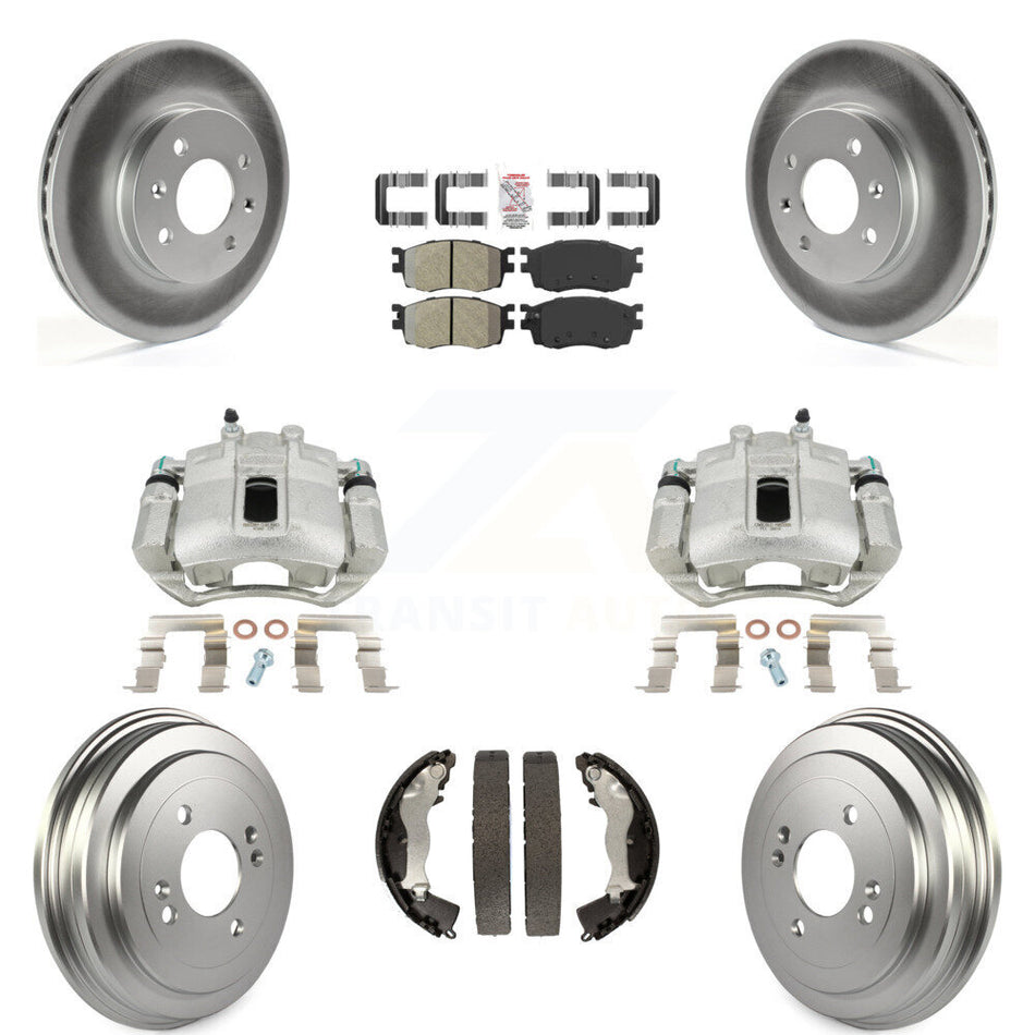 Front Rear Disc Brake Caliper Coated Rotors Drums Semi-Metallic Pads Kit (8Pc) For Hyundai Accent Kia Rio Rio5 KCG-101383N