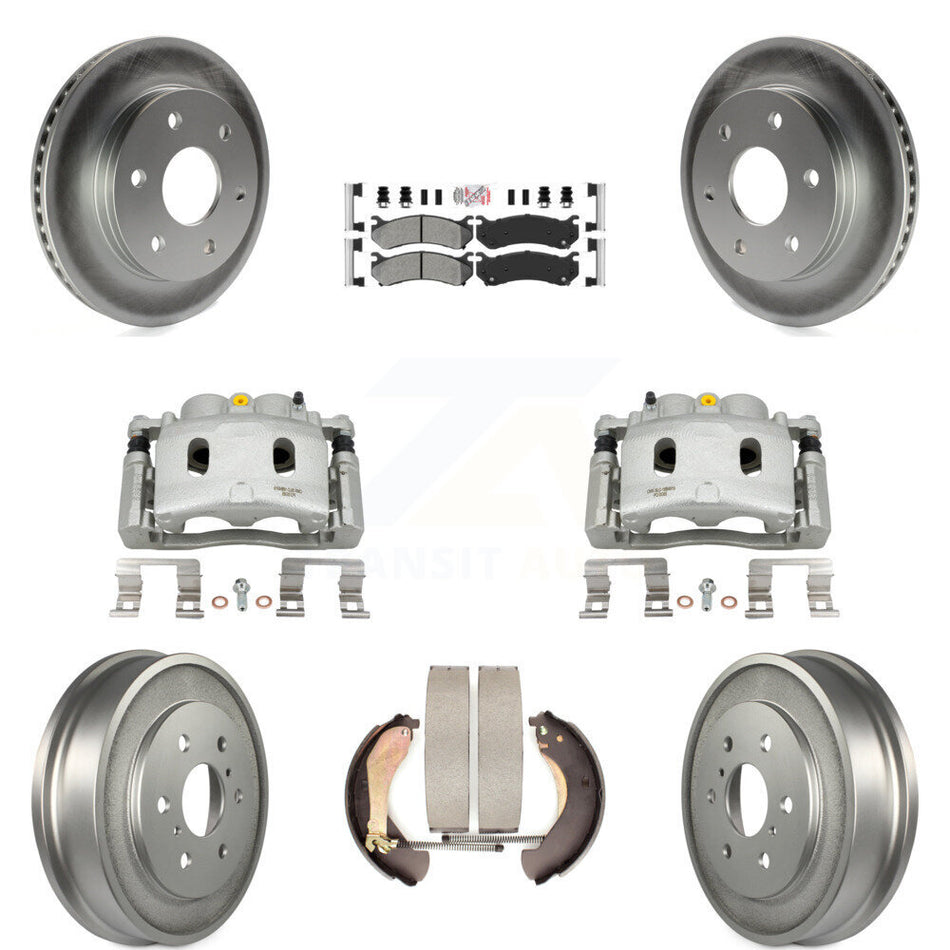 Front Rear Disc Brake Caliper Coated Rotors Drums Semi-Metallic Pads Kit (8Pc) For KCG-101411N