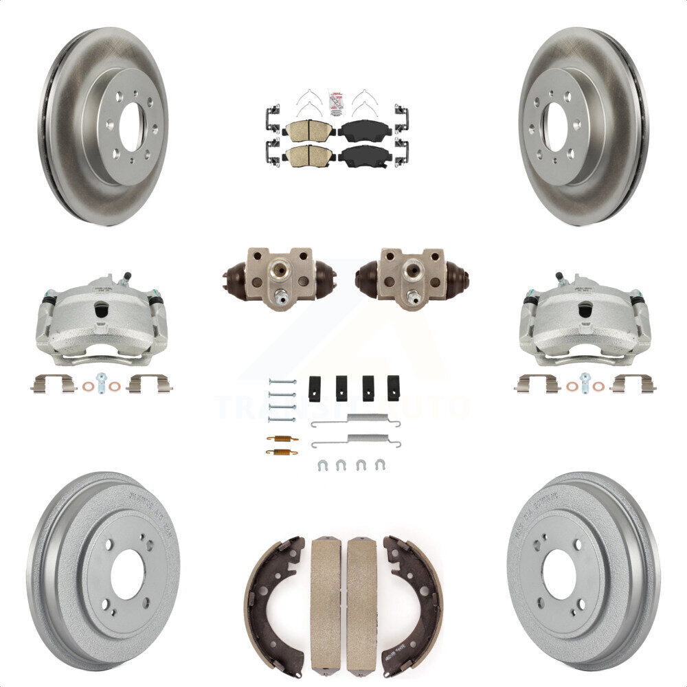 Front Rear Disc Brake Caliper Coated Rotors Drums Ceramic Pads Shoes Wheel Cylinders And Hardware Kit (11Pc) For Honda Civic With 4 Lug Wheels KCG-101435N by Transit Auto