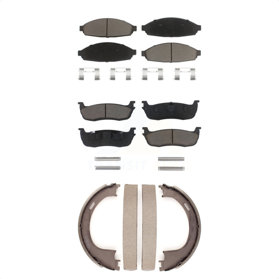 Front Rear Ceramic Brake Pads And Parking Shoes Kit For 2003-2010 Lincoln Town Car Limousine KCN-100043