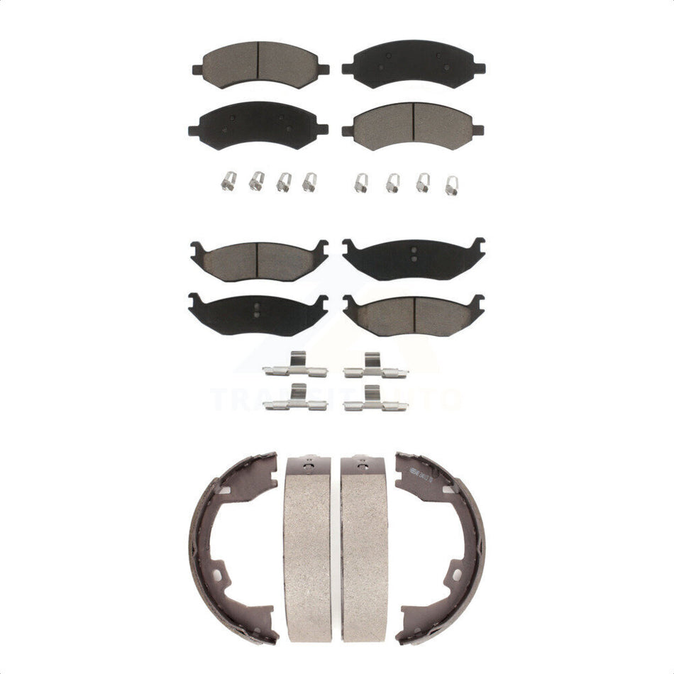 Front Rear Ceramic Brake Pads And Parking Shoes Kit For 2007-2008 Dodge Ram 1500 Standard Cab Pickup Crew With 8 Lug Wheels KCN-100165