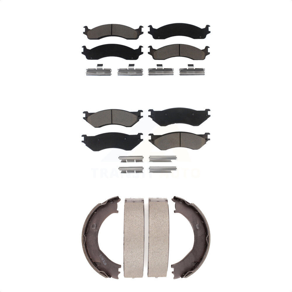 Front Rear Ceramic Brake Pads And Parking Shoes Kit For 2001-2002 Dodge Ram 2500 3500 KCN-100202