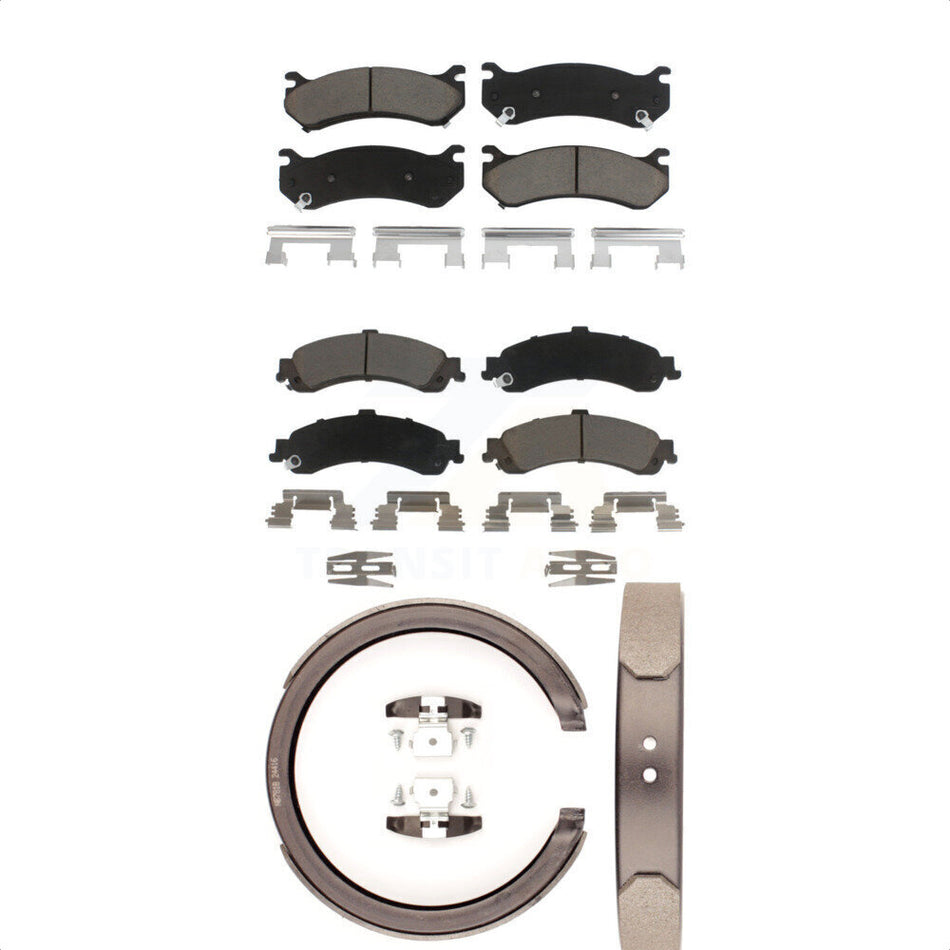 Front Rear Ceramic Brake Pads And Parking Shoes Kit For Chevrolet Silverado 1500 GMC Tahoe Sierra Suburban Yukon Avalanche XL Cadillac Escalade ESV EXT KCN-100208