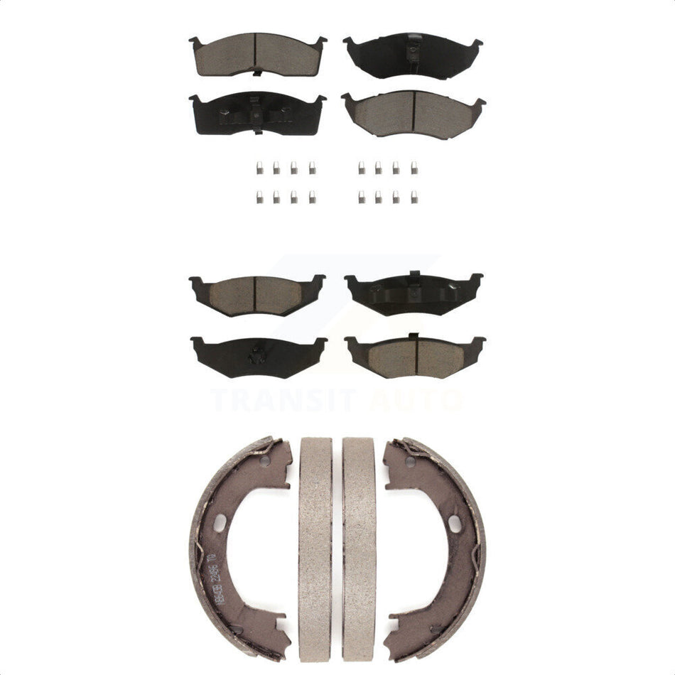 Front Rear Ceramic Brake Pads And Parking Shoes Kit For Neon Dodge Plymouth KCN-100250