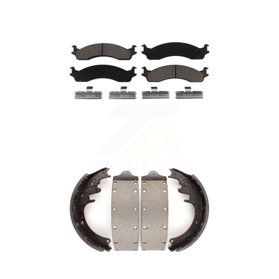 Front Rear Ceramic Brake Pads And Drum Shoes Kit For 1999 Dodge Ram 3500 Van With 13" x 3-1 2" Size KCN-100311