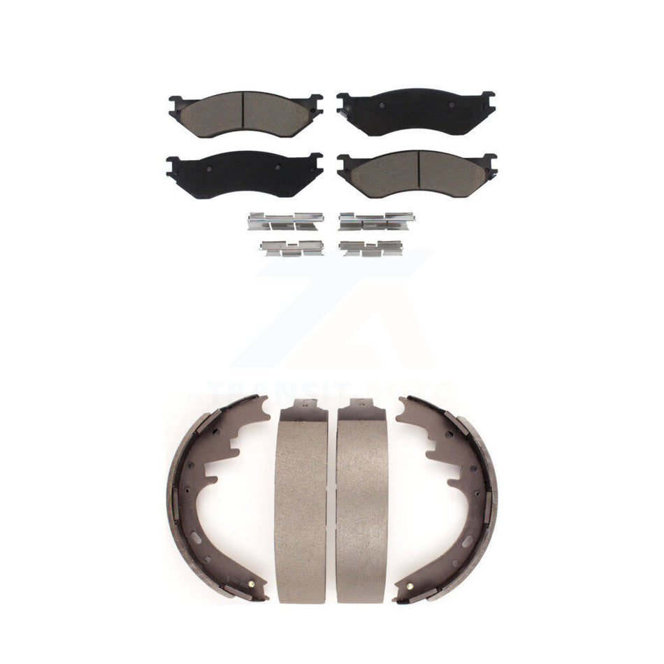 Front Rear Ceramic Brake Pads And Drum Shoes Kit For Ford F-150 Dodge Ram 1500 Van B1500 KCN-100376