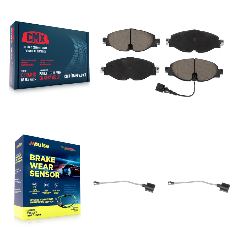 Front Ceramic Brake Pad & Extra Wear Sensor Pair Kit For Volkswagen Jetta Golf SportWagen KCW-100756