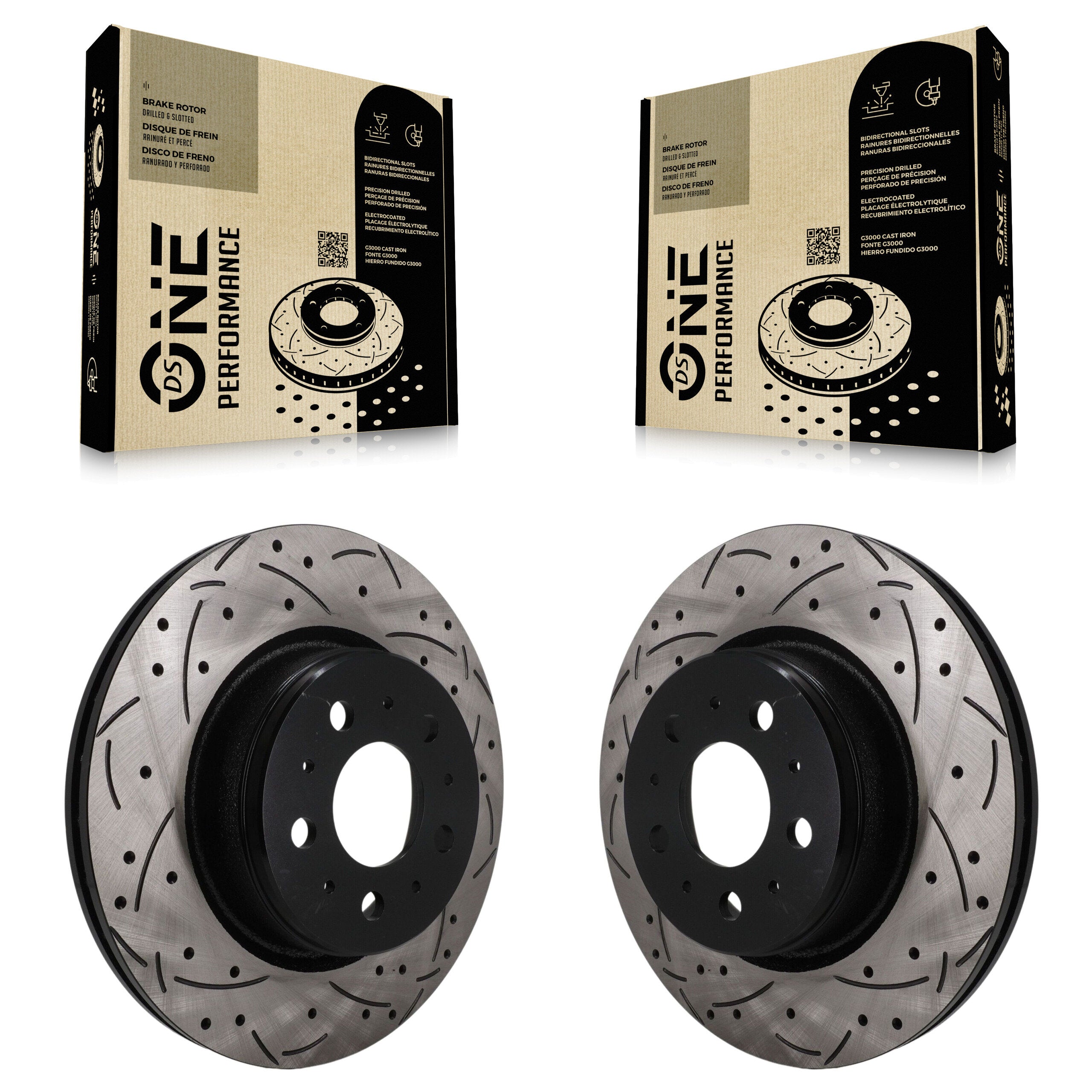 Front Drilled Slot Disc Brake Rotors Pair For 2017-2022 Tesla 3 With Gray Painted Calipers KD-100777