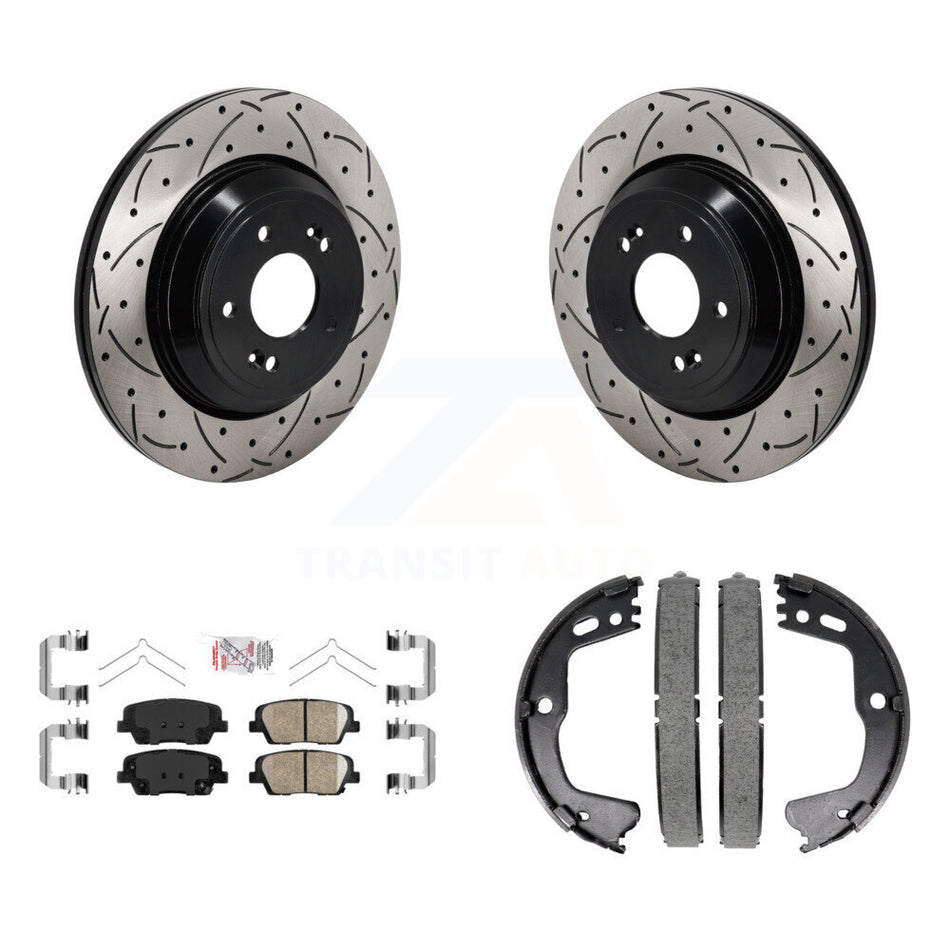 Rear Disc Drilled & Slotted Rotors Ceramic Pads Parking Shoes Kit For Genesis G80 3.3L KDA-103210