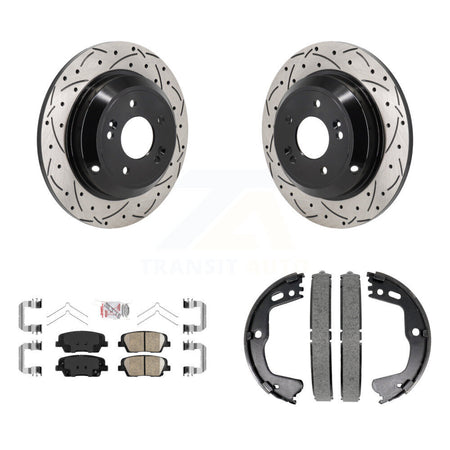 Rear Disc Drilled & Slotted Rotors Ceramic Pads Parking Shoes Kit For Kia Stinger Genesis KDA-103213