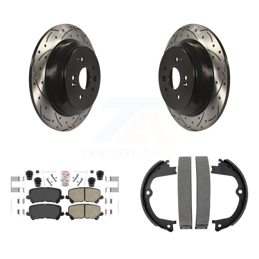 Rear Disc Drilled & Slotted Rotors Ceramic Pads Parking Shoes Kit For 2014-2016 Acura MDX KDA-103215