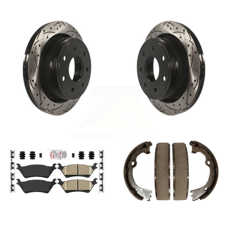 Rear Disc Drilled & Slotted Rotors Ceramic Pads Parking Brake Shoes Kit For Ford F-150 KDA-103218