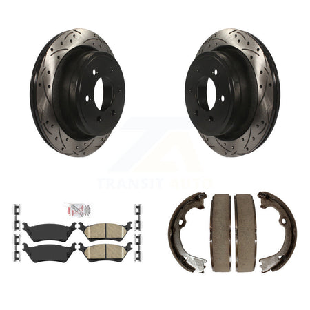 Rear Disc Drilled & Slotted Rotors Ceramic Pads Parking Brake Shoes Kit For Ford F-150 KDA-103220