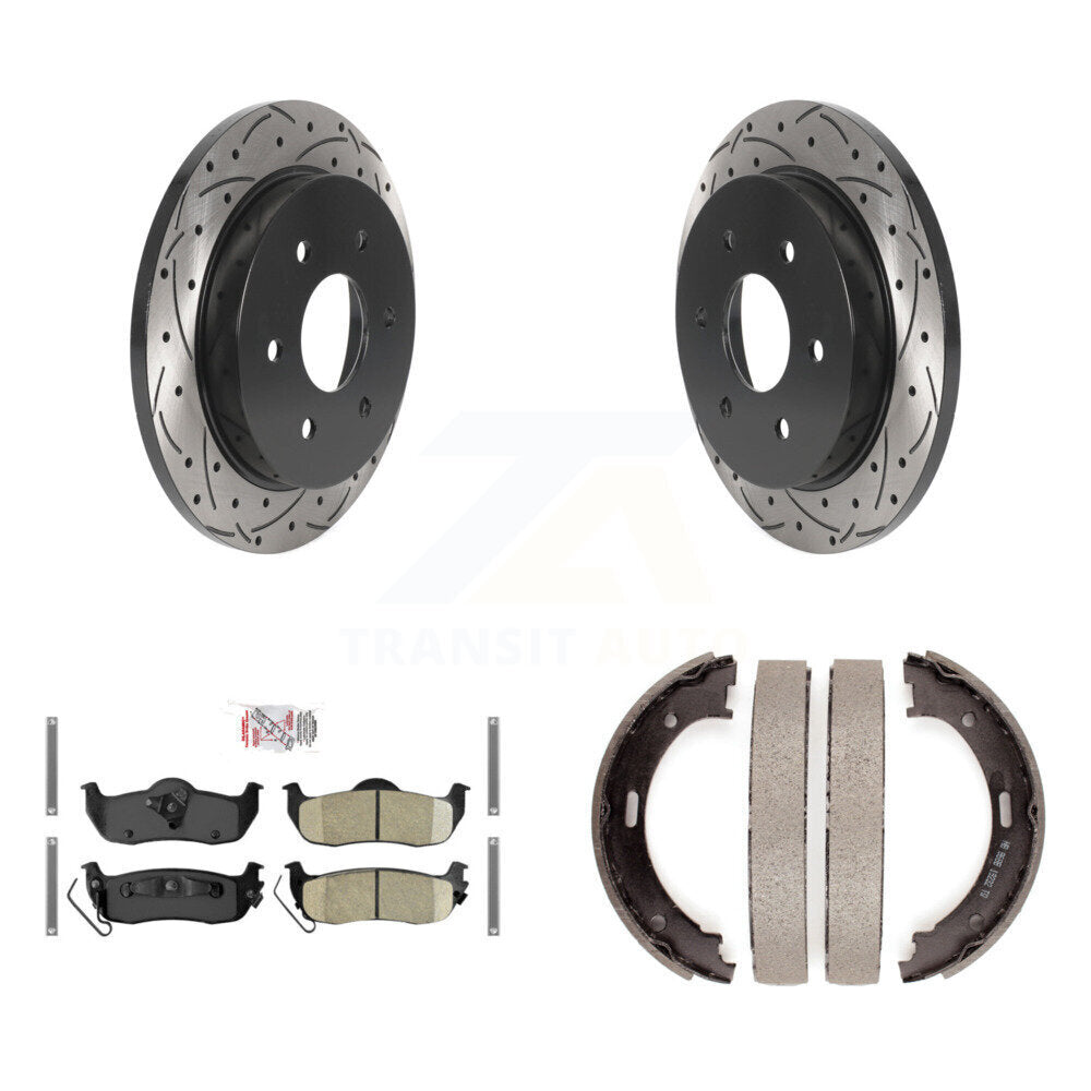 Rear Disc Drilled & Slotted Rotors Ceramic Pads Parking Shoes Kit For Nissan TITAN Armada KDA-103224