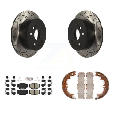Rear Disc Drilled & Slotted Rotors Ceramic Pads Parking Shoes Kit For Toyota Camry Lexus KDA-103225