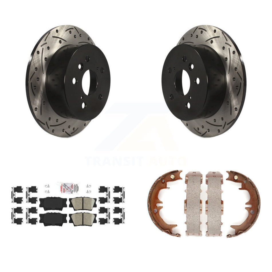 Rear Disc Drilled & Slotted Rotors Ceramic Pads Parking Shoes Kit For Toyota Camry Lexus KDA-103226