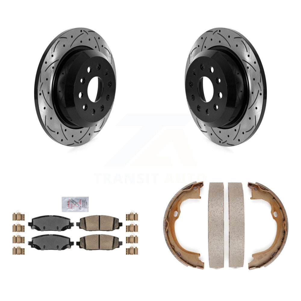 Rear Disc Drilled & Slotted Rotors Ceramic Pads Parking Brake Shoes Kit For Jeep Wrangler KDA-103231