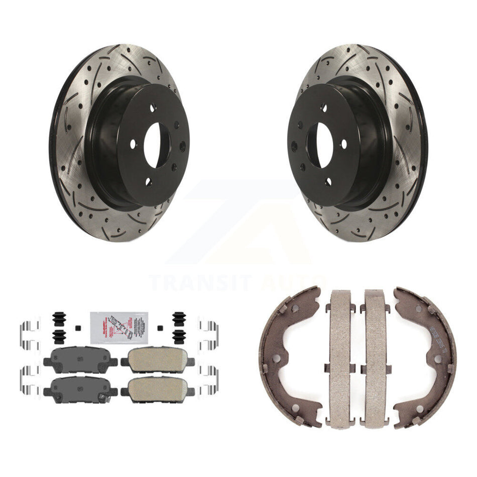Rear Disc Drilled & Slotted Rotors Ceramic Pads Parking Shoes Kit For INFINITI Nissan G37 KDA-103235
